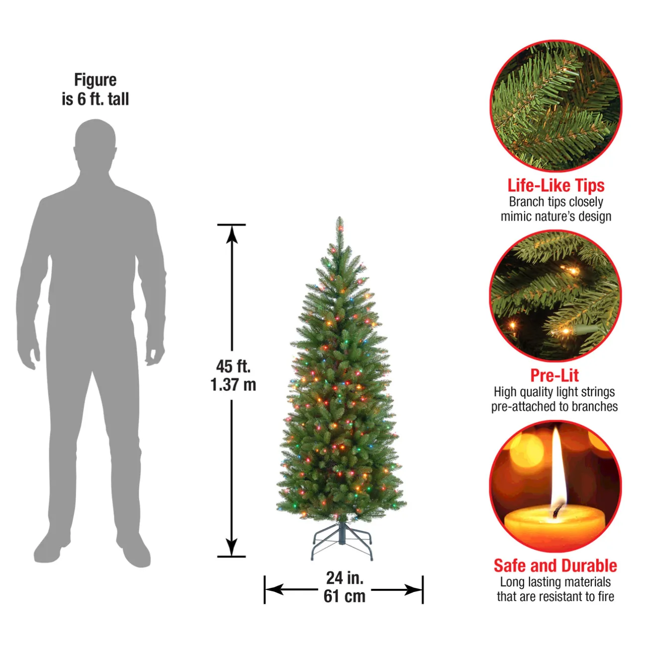 Online 4.5 ft. Pre-Lit Kingswood Fir Pencil Tree with Multicolor Lights Pencil Slim|Pre-Lit