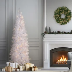 Online 6.5 ft. Pre-Lit Kingswood Fir White Pencil Tree with Clear Lights Pencil Slim|Pre-Lit