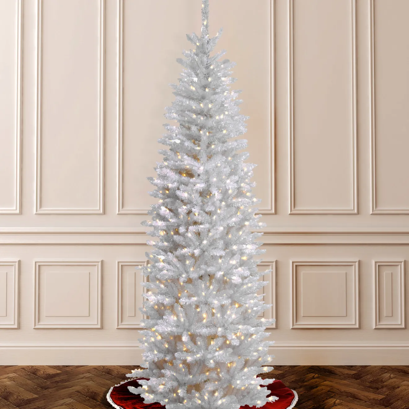 Online 6.5 ft. Pre-Lit Kingswood Fir White Pencil Tree with Clear Lights Pencil Slim|Pre-Lit