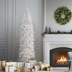 Discount 7.5 ft. Pre-Lit Kingswood Fir White Pencil Tree with Clear Lights Pencil Slim|Pre-Lit