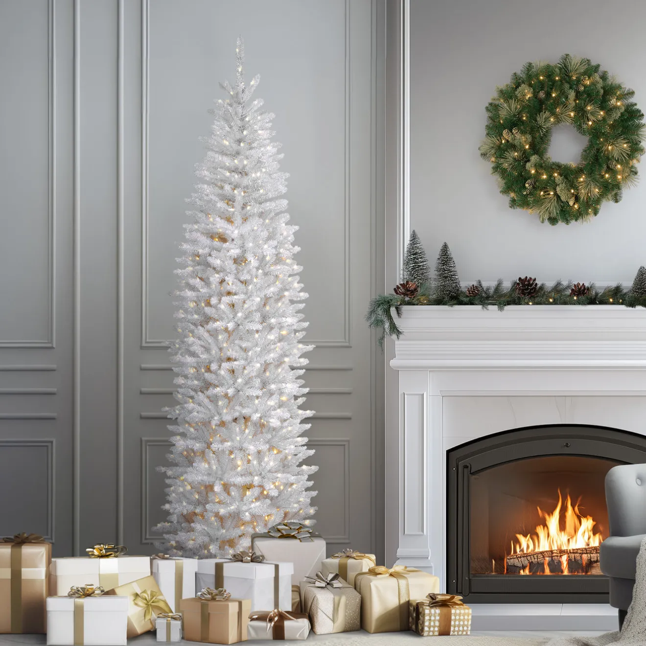 Discount 7.5 ft. Pre-Lit Kingswood Fir White Pencil Tree with Clear Lights Pencil Slim|Pre-Lit