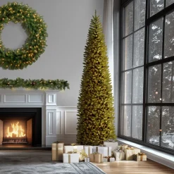 Sale 12 ft. Pre-Lit Kingswood Fir Pencil Slim Tree with Clear Lights Pencil Slim|Pre-Lit