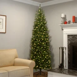 Discount 7 ft. Pre-Lit Kingswood Fir Pencil Tree with Power Connect Dual Color LED Lights Pencil Slim|Pre-Lit