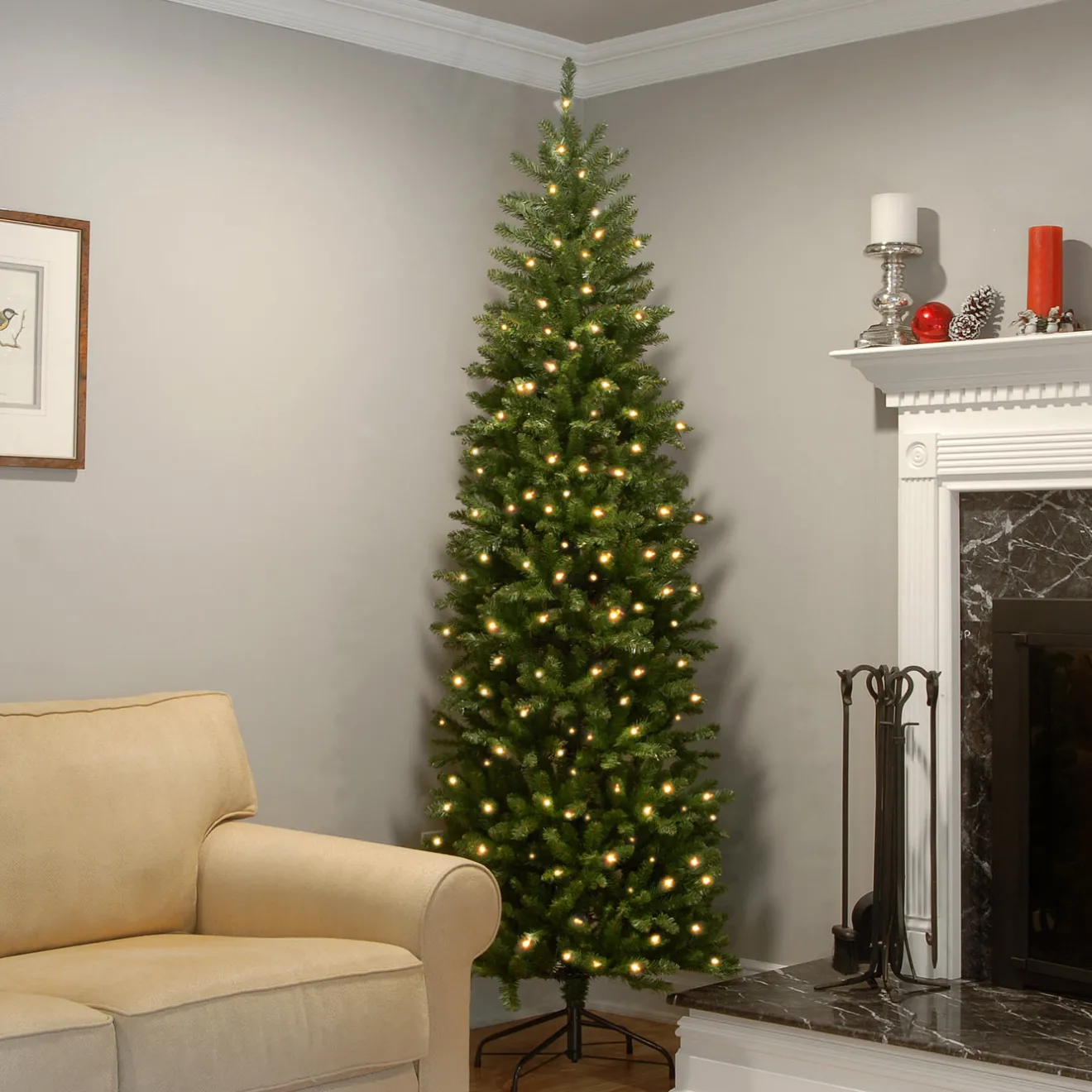 Discount 7 ft. Pre-Lit Kingswood Fir Pencil Tree with Power Connect Dual Color LED Lights Pencil Slim|Pre-Lit