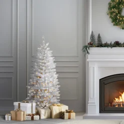 Sale 4.5 ft. Pre-Lit Kingswood Fir White Pencil Tree with Clear Lights Pencil Slim|Pre-Lit