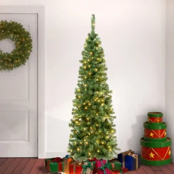 Online 6 ft. Pre-Lit Linden Spruce Slim Tree with Warm White LED Lights Slim|Pre-Lit