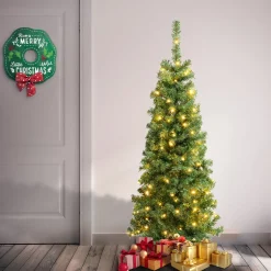 Outlet 4.5 ft. Pre-lit Linden Spruce Wrapped Tree with Warm White LED Lights Slim|Under 5 Feet