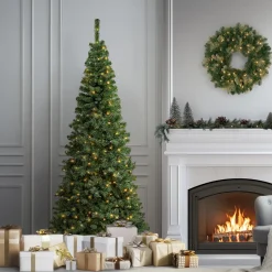 Hot 7.5 ft. Pre-Lit Linden Spruce Slim Tree with LED Lights Slim|Pre-Lit