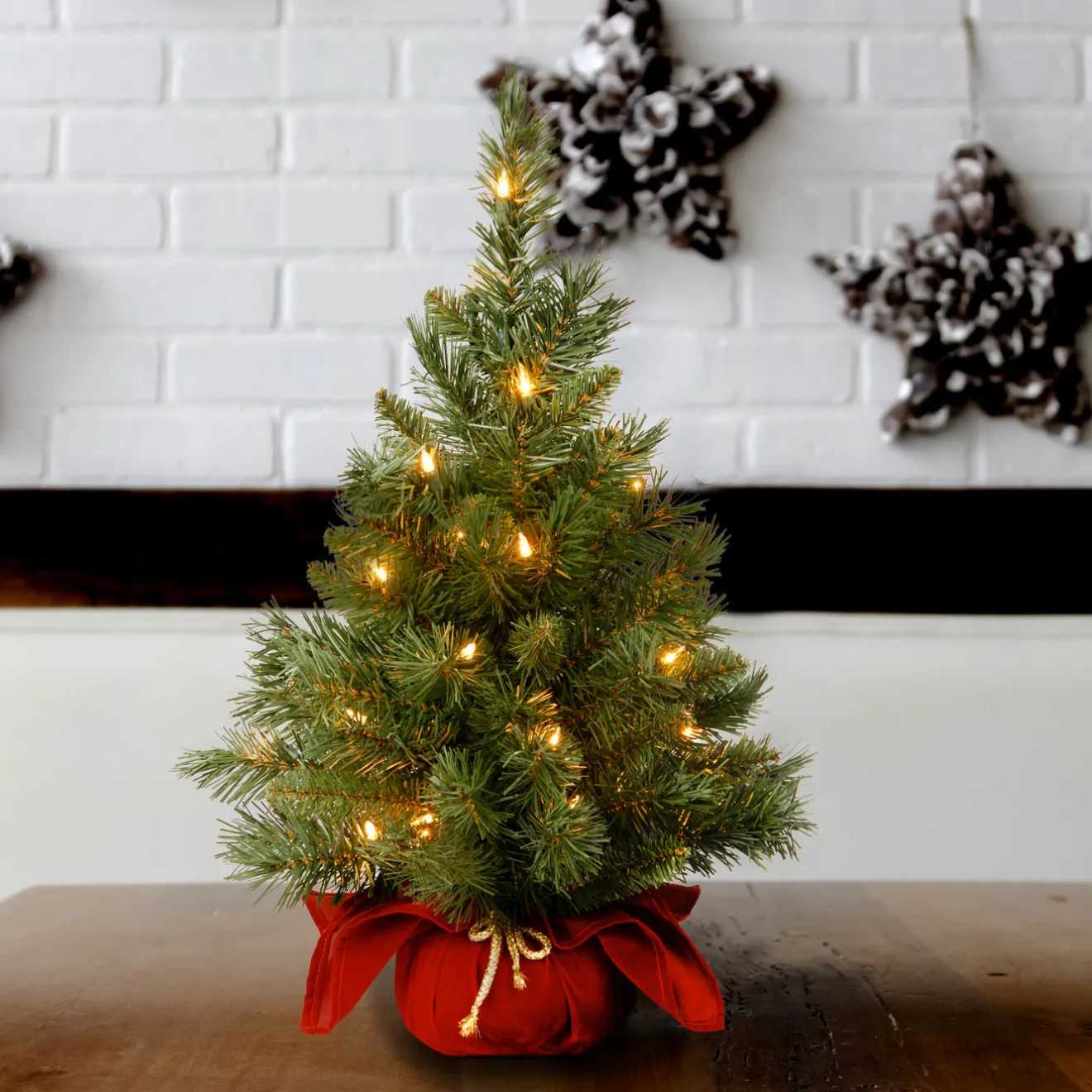 Online 2 ft. Pre-Lit Majestic Fir Tree with Clear Lights, Burgandy Base Tabletop|Pre-Lit