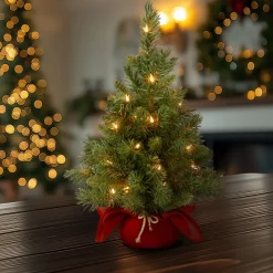 Clearance 2 ft. Pre-Lit Majestic Fir Tree with LED Lights, Red Base Tabletop|Pre-Lit