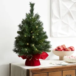 Clearance 2 ft. Pre-Lit Majestic Fir Tree with LED Lights, Red Base Tabletop|Pre-Lit