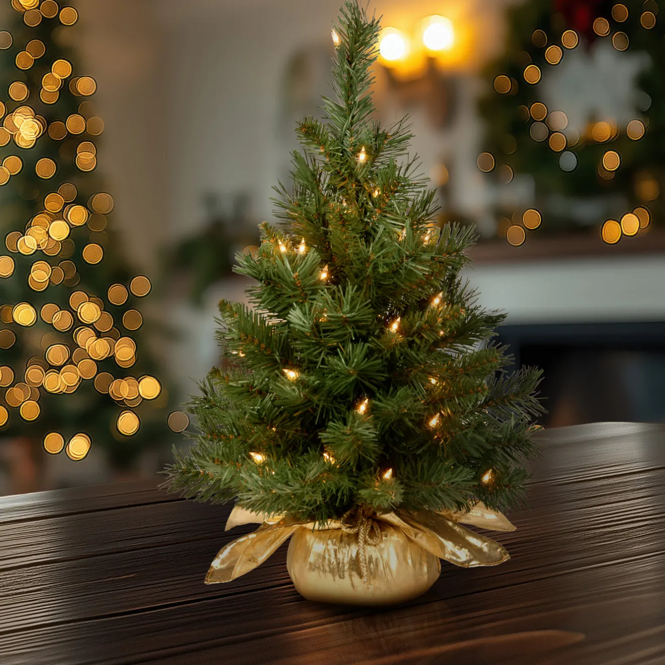 New 2 ft. Pre-Lit Majestic Fir Tree with Clear Lights, Gold Base Tabletop|Pre-Lit