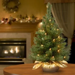 New 2 ft. Pre-Lit Majestic Fir Tree with Clear Lights, Gold Base Tabletop|Pre-Lit