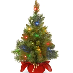 New 2 ft. Pre-Lit Majestic Fir Tree with Multicolor LED Lights, Red Base Tabletop|Pre-Lit