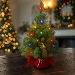 New 2 ft. Pre-Lit Majestic Fir Tree with Multicolor LED Lights, Red Base Tabletop|Pre-Lit