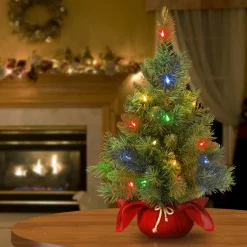 New 2 ft. Pre-Lit Majestic Fir Tree with Multicolor LED Lights, Red Base Tabletop|Pre-Lit