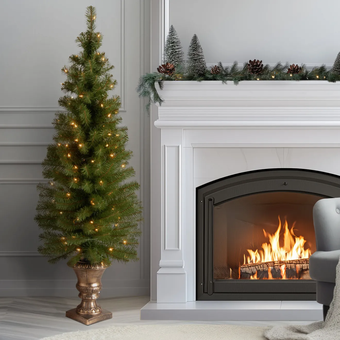 Hot 5 ft. Pre-Lit Montclair Spruce Slim Tree with Clear Lights Entrance|Pre-Lit