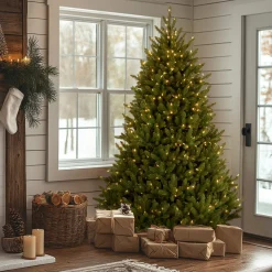 New 7.5 ft. Pre-Lit Natural Fraser Fir Tree with Clear Lights Medium|Pre-Lit