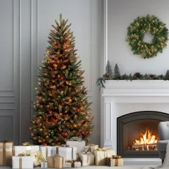 6.5 ft. Pre-Lit Natural Fraser Fir Slim Tree with Multicolor Lights Slim|Pre-Lit