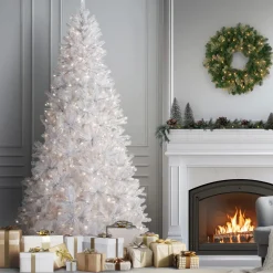 Outlet 9 ft. Pre-Lit North Valley Spruce White Tree with Clear Lights Full|Pre-Lit