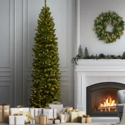 Online 10 ft. Pre-Lit North Valley Spruce Pencil Slim Tree with Clear Lights Pencil Slim|Pre-Lit