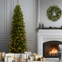 Online 7.5 ft. Pre-Lit North Valley Spruce Pencil Slim Tree with Clear Lights Full|Pre-Lit