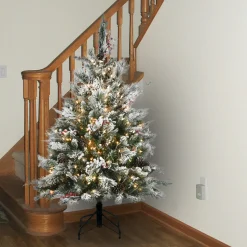 Sale 4.5 ft. Pre-Lit Snowy Bedford Pine Tree with Clear Lights Full|Pre-Lit