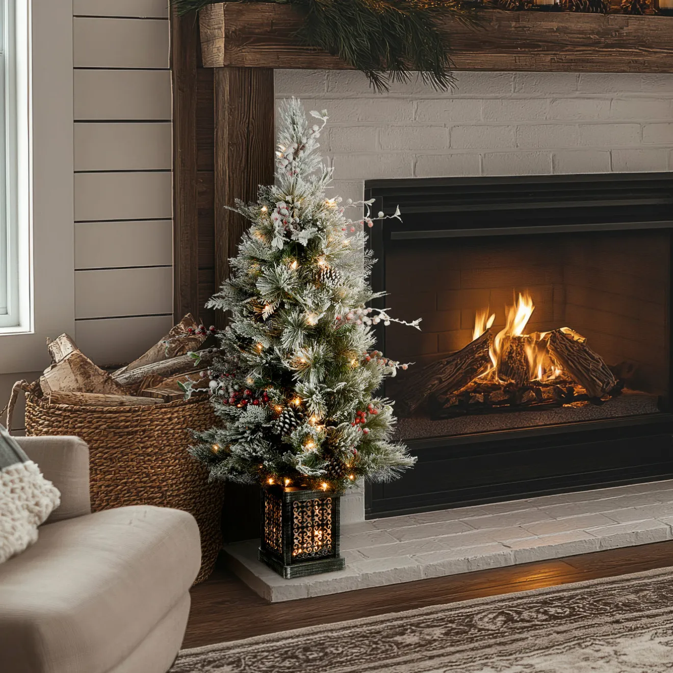 Online 4 ft. Pre-Lit Snowy Bedford Pine Tree with Clear Lights Pre-Lit|Entrance