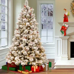 Online 7.5 ft. Pre-Lit Snowy Bedford Pine Tree with Clear Lights Full|Pre-Lit