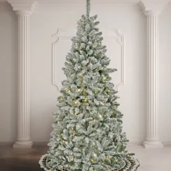 Sale 9 ft. Pre-Lit Snowy Chatham Slim Tree with PowerConnect Dual Colored LED Lights Slim|Pre-Lit