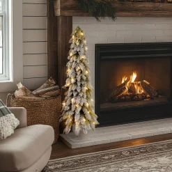 Discount 4 ft. Pre-Lit Snowy Downswept Forest Tree with Clear Lights Slim|Pre-Lit