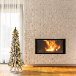 Discount 4 ft. Pre-Lit Snowy Downswept Forest Tree with Clear Lights Slim|Pre-Lit
