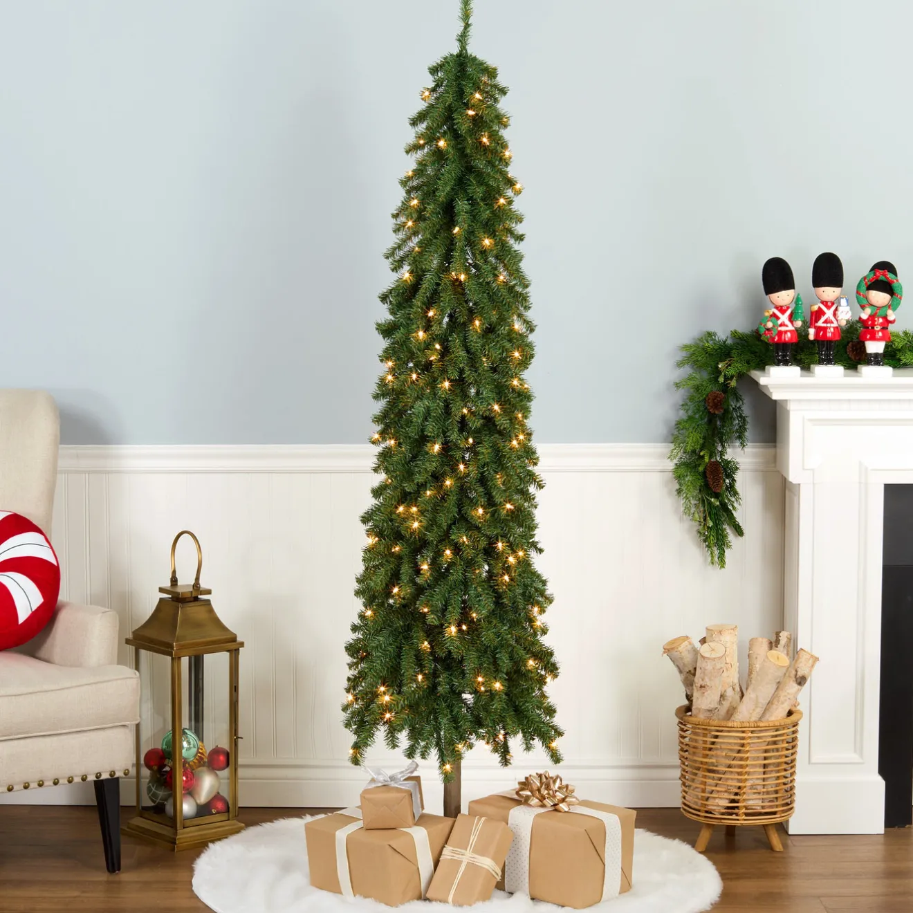Clearance 6.5 ft. Pre-Lit Snowy Grand Alpine Pencil Slim Tree with Clear Lights Slim|6 To 6.5 Feet