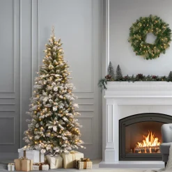 New 7.5 ft. Pre-Lit Snowy Mountain Pine Slim Tree with Clear Lights Slim|Pre-Lit
