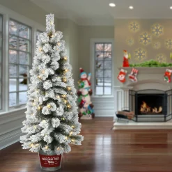 Hot 5 ft. Pre-Lit Snowy Pogue Pine Slim Tree with LED Lights Pre-Lit|Slim