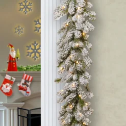 Discount 9 ft. Pre-Lit Snowy Sheffield Spruce Garland with Twinkly LED Lights Pre-Lit Christmas Garlands|7-10 Feet Christmas Garlands