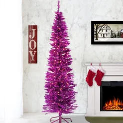 Discount 7 ft. Pre-Lit Tinsel Collection Pink Tree with Clear Lights Slim|Pre-Lit