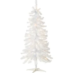 Clearance 4 ft. Pre-Lit Tinsel Collection White Iridescent Tree with Clear Lights Slim|Under 5 Feet