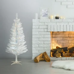 Clearance 4 ft. Pre-Lit Tinsel Collection White Iridescent Tree with Clear Lights Slim|Under 5 Feet