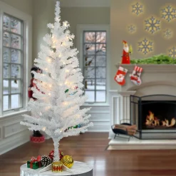 Clearance 4 ft. Pre-Lit Tinsel Collection White Iridescent Tree with Clear Lights Slim|Under 5 Feet