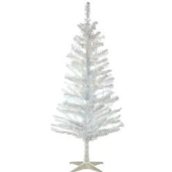 Clearance 4 ft. Pre-Lit Tinsel Collection White Iridescent Tree with Clear Lights Slim|Under 5 Feet
