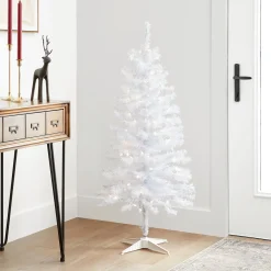 Clearance 4 ft. Pre-Lit Tinsel Collection White Iridescent Tree with Clear Lights Slim|Under 5 Feet