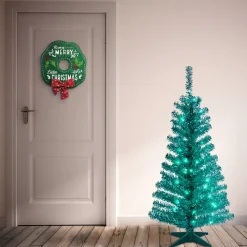 Online 4 ft. Pre-Lit Tinsel Collection Turquoise Tree with Clear Lights Full|Pre-Lit