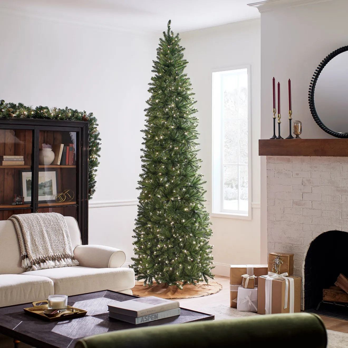 Discount 10 ft.Pre-Lit Kingswood Fir Pencil Slim Tree with Clear Lights Pencil Slim|Pre-Lit