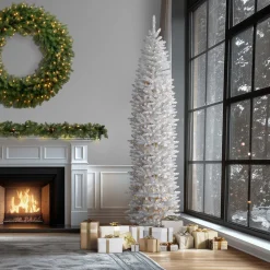 Best 12 ft.Pre-Lit Kingswood Fir White Pencil Slim Tree with Clear Lights Pre-Lit|Pencil Slim