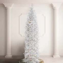 Best 12 ft.Pre-Lit Kingswood Fir White Pencil Slim Tree with Clear Lights Pre-Lit|Pencil Slim