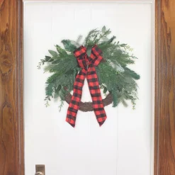 Clearance 22 in. Mixed Pine and Bow Decorated Wreath Unlit Christmas Wreaths|21-24 Inch Christmas Wreaths