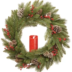 Outlet 24 in. Bristle Berry Wreath with Single Candle Unlit Christmas Wreaths|21-24 Inch Christmas Wreaths