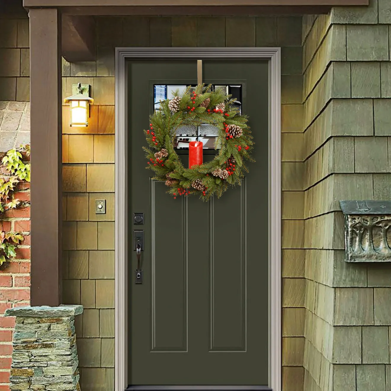 Outlet 24 in. Bristle Berry Wreath with Single Candle Unlit Christmas Wreaths|21-24 Inch Christmas Wreaths