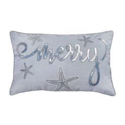 Sale 14 in by 22 in. Coastal Merry Embroidered Pillow, Blue, Silver Pillows & Throws